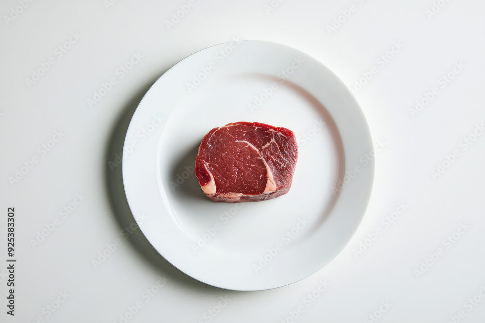 A Visually Striking Presentation of a Single Raw Steak on a Minimalist White Plate Against a Soft, Neutral Background. A Visually Striking Presentation of a Single Raw Steak on a Minimalist White Plate Against a Soft, Neutral Background.
