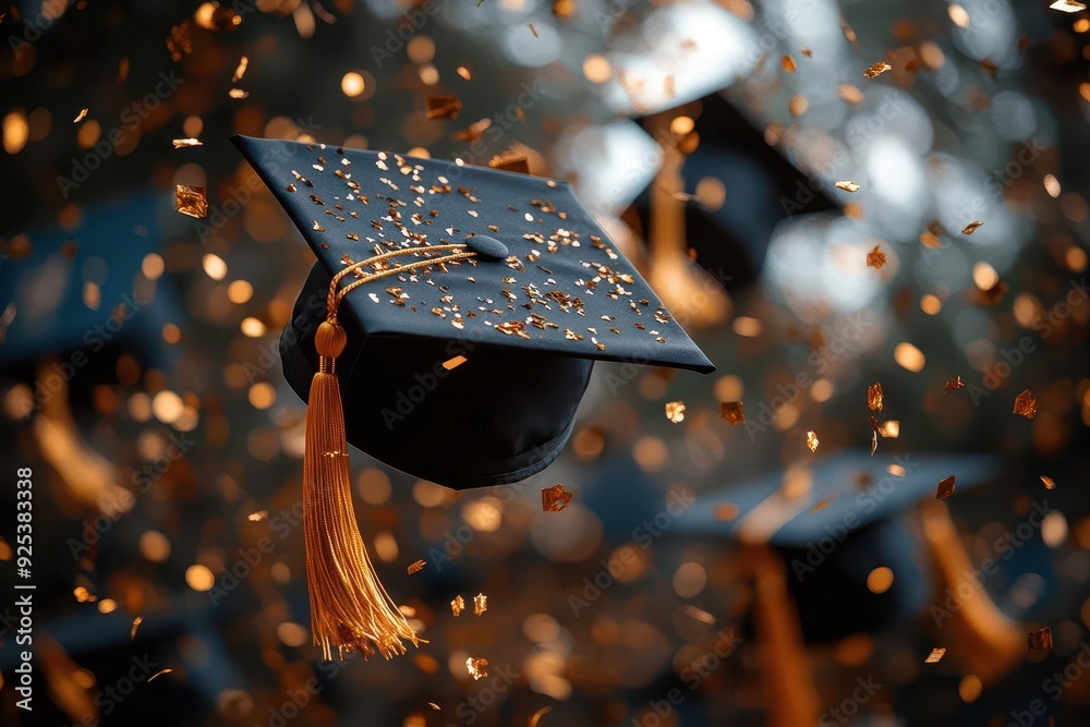 golden trophy emanating rays of light floating diplomas and ...