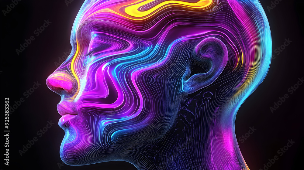A vibrant, abstract representation of a human head with flowing, colorful patterns. A vibrant, abstract representation of a human head with flowing, colorful patterns.