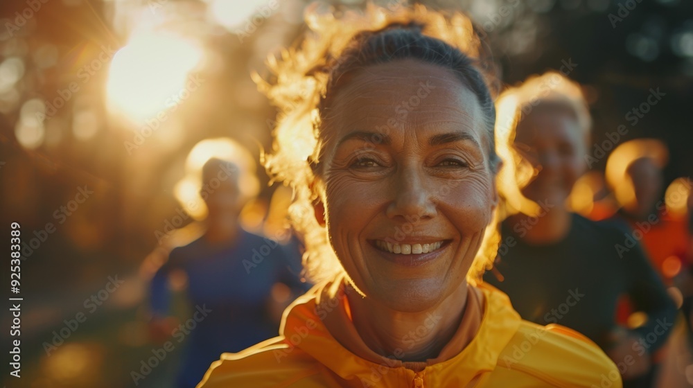 A seasoned middle-aged woman running coach poses in the park, with three athletes training nearby. A seasoned middle-aged woman running coach poses in the park, with three athletes training nearby.