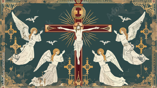 Jesus Christ Crucifixion Angels Religious Iconography Christian Faith Golden Cross Catholic Symbolism Vintage Distressed Artwork Transparent Background