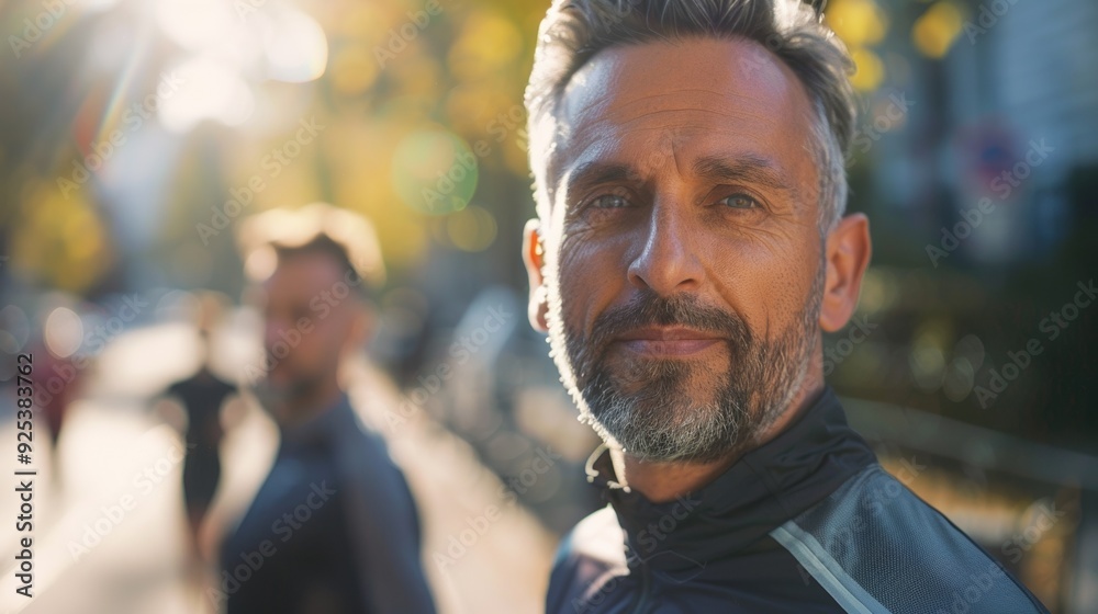 A middle-aged man runs through a city street, capturing the energy and pace of urban life. A middle-aged man runs through a city street, capturing the energy and pace of urban life.