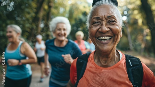 Portrait of an experienced senior running coach in the park, with three athletes blurred in the background.