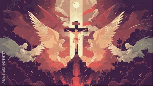 Jesus Christ Crucifixion Angels Heaven Religious Christian Easter Good Friday Faith Hope Love Salvation Redemption Sacrifice Forgiveness Grace Spiritual God Religious Symbolism Divine Illustration