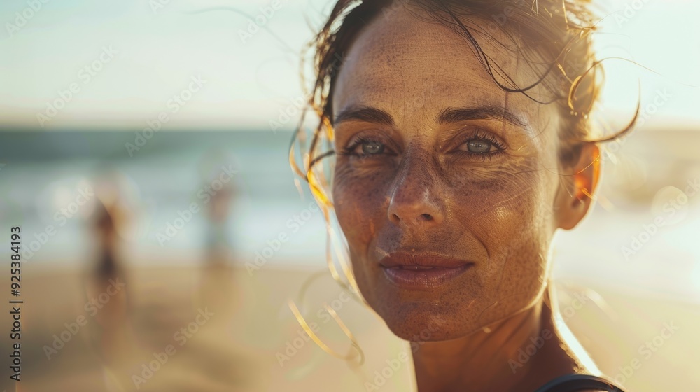 Portrait of a woman running on the beach, where the coastal landscape and fresh air enhance her workout. Portrait of a woman running on the beach, where the coastal landscape and fresh air enhance her workout.