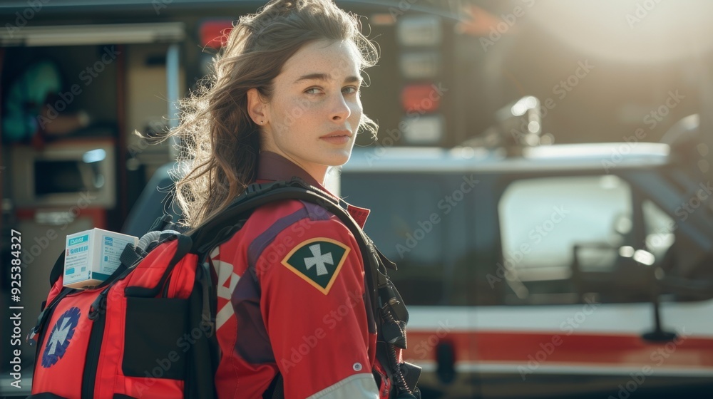 A female paramedic, armed with first aid supplies, stands before an ambulance, representing frontline healthcare. A female paramedic, armed with first aid supplies, stands before an ambulance, representing frontline healthcare.