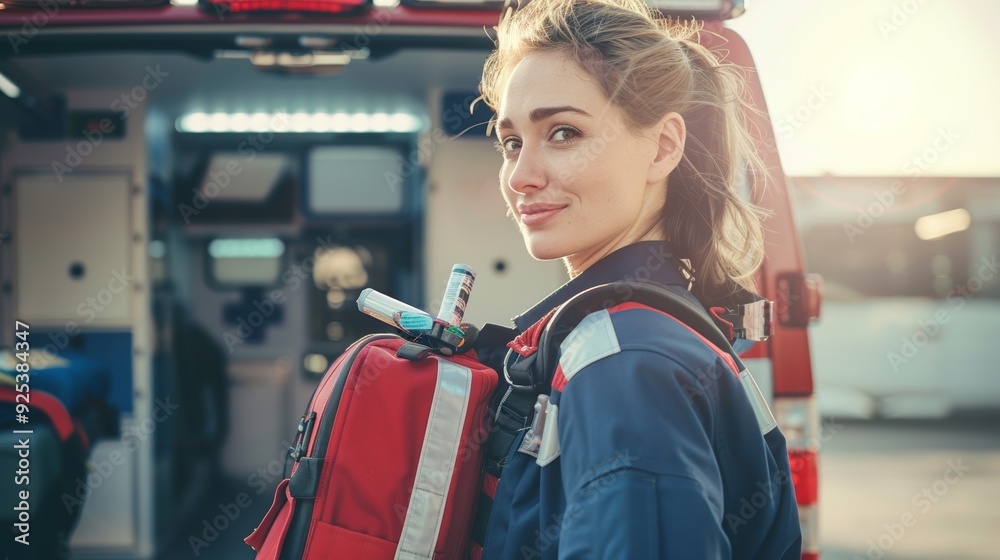 A focused female paramedic stands in front of an ambulance, holding a first aid kit, embodying emergency readiness. A focused female paramedic stands in front of an ambulance, holding a first aid kit, embodying emergency readiness.