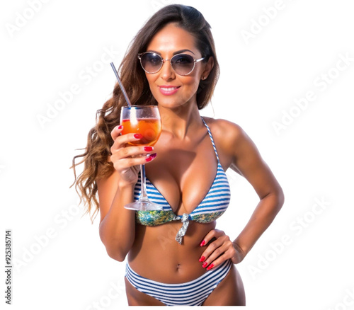 Beautiful woman wearing sunglasses is enjoying cocktails on summer vacation