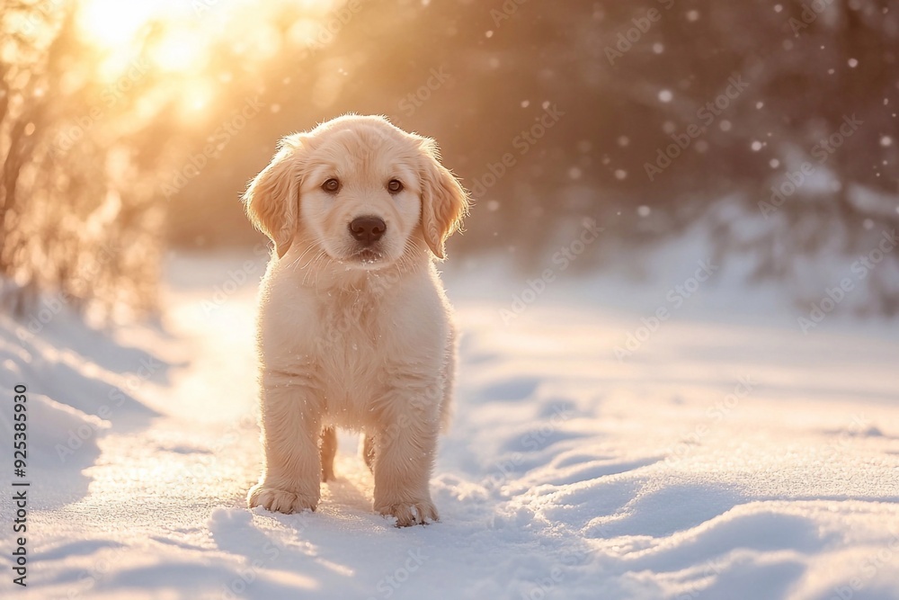 Golden Retriever puppy frolicking joyfully in the snow during winter. The playful pup, with its fluffy coat and bright eyes, contrasts beautifully against the crisp white snow. The winter landscape ad