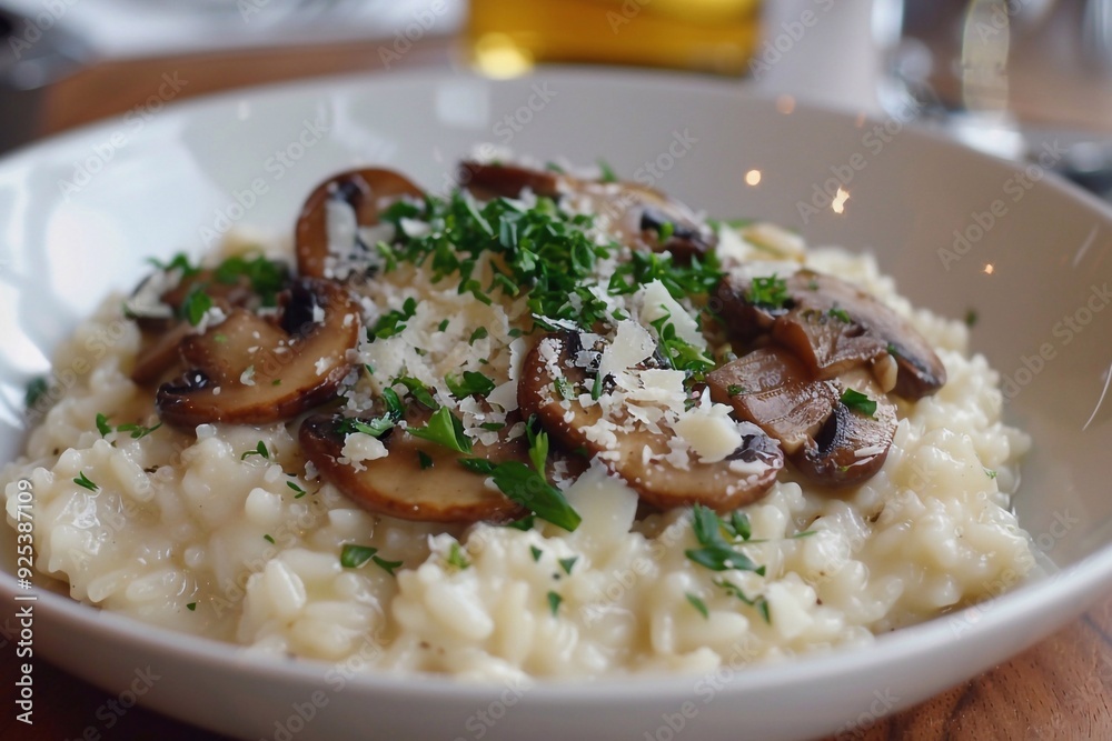 A bowl of creamy risotto with sautéed mushrooms and grated Parmesan, golden-brown mushrooms sprinkled on top, garnished with fresh herbs, set against a rustic wooden table, steam rising from the dish, A bowl of creamy risotto with sautéed mushrooms and grated Parmesan, golden-brown mushrooms sprinkled on top, garnished with fresh herbs, set against a rustic wooden table, steam rising from the dish,
