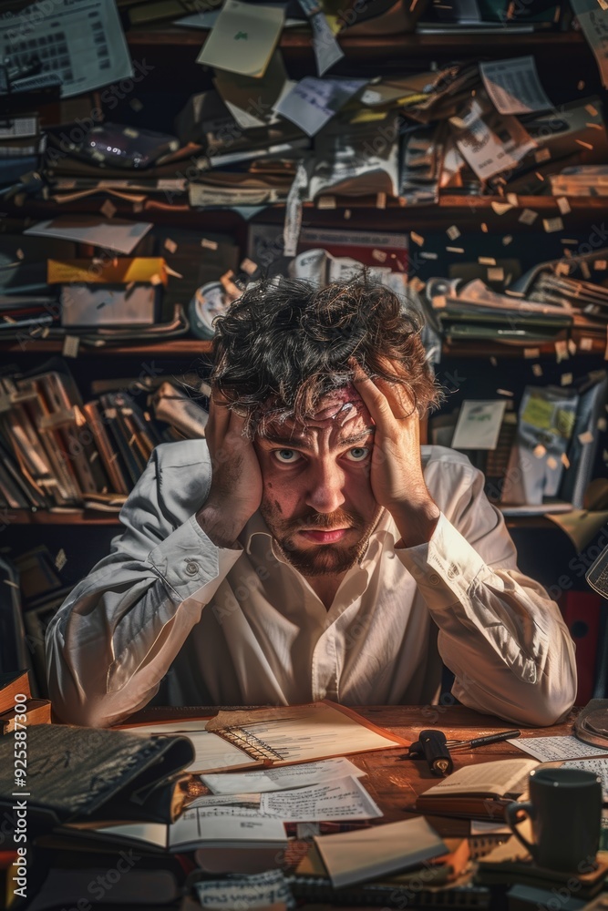 Obraz premium Stressed Office Worker Surrounded by Cluttered Workspace Highlighting Toxic Work Environment Issues