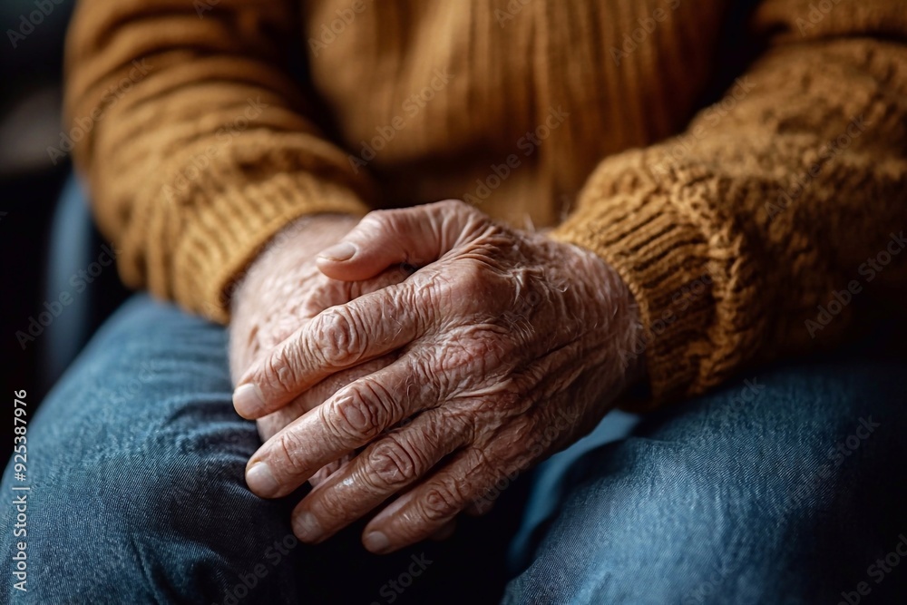 Fototapeta premium An elderly man gently rubbing his aching hands, a look of discomfort but resilience on his face. His weathered skin and slow, careful movements reflect the toll of arthritis, yet his expression remain
