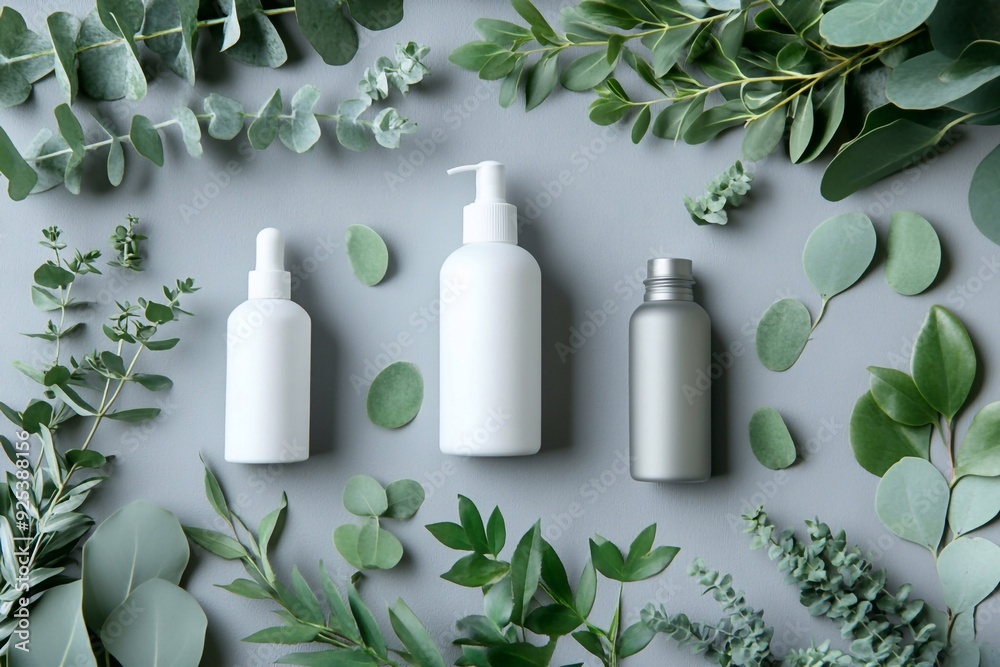 Collection of eco-friendly skincare products arranged elegantly, showcasing various organic beauty product bottles. The set includes containers of different sizes and shapes, with labels highlighting Collection of eco-friendly skincare products arranged elegantly, showcasing various organic beauty product bottles. The set includes containers of different sizes and shapes, with labels highlighting