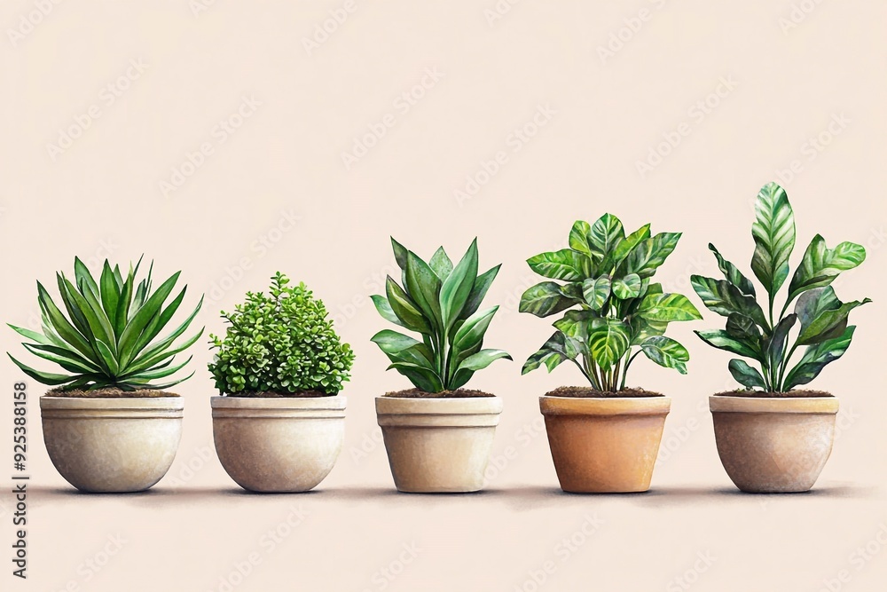 A set of potted green plants arranged artfully against a clean background. Each pot showcases a different variety of lush greenery, from tall, leafy ferns to compact succulents, adding a touch of natu A set of potted green plants arranged artfully against a clean background. Each pot showcases a different variety of lush greenery, from tall, leafy ferns to compact succulents, adding a touch of natu