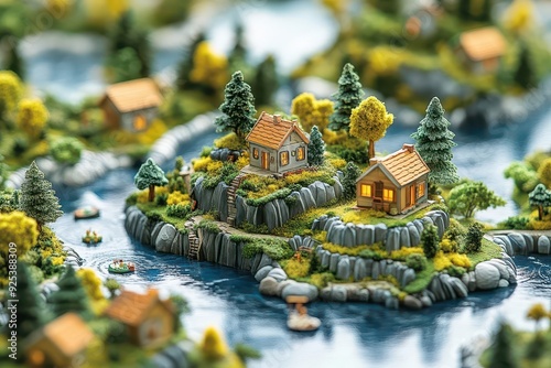 ecostrategy game miniature 3d landscape game board tiny players protecting diverse ecosystem intricate environmental challenges educational design serene lakeside setting soft pastel palette photo