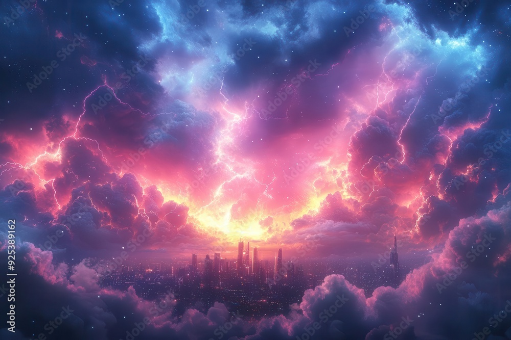 electrifying anime storm dazzling lightning bolts illuminate night sky neon colors clash dramatically futuristic cityscape silhouette below dynamic energy pulses through scene electrifying anime storm dazzling lightning bolts illuminate night sky neon colors clash dramatically futuristic cityscape silhouette below dynamic energy pulses through scene