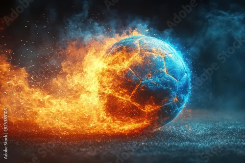 electrifying football engulfed in dynamic blue and orange flames radiating intense energy against a dark background with spark trails