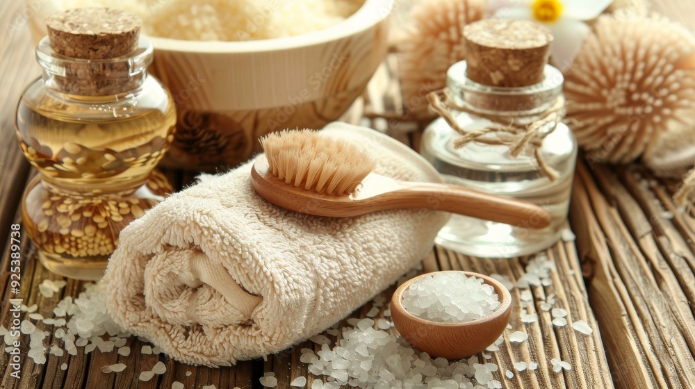 Spa bath essentials with towels, wooden brush, and glass jars for a luxurious self-care experience Spa bath essentials with towels, wooden brush, and glass jars for a luxurious self-care experience