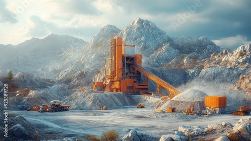 Wallpaper Mural Heavy machinery extracts stone from a quarry as dusk approaches, with towering mountains creating a dramatic backdrop Torontodigital.ca