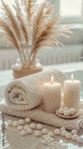 Relaxing spa environment with candles, rolled towels, and soft light on a beige background for wellness and self-care inspiration