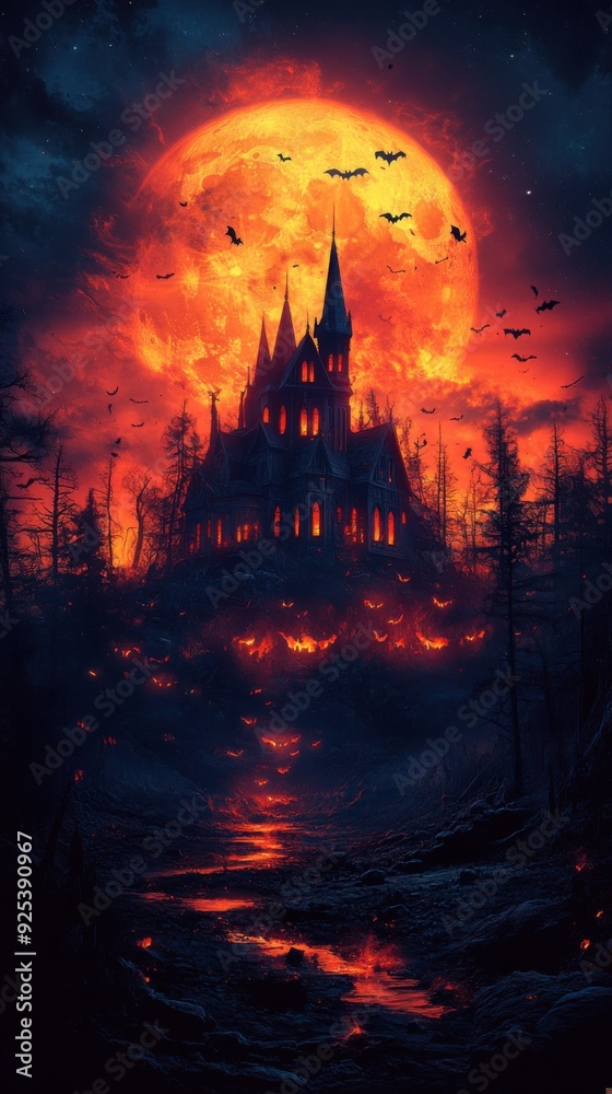 Obraz premium Eerie Haunted House Under Glowing Full Moon in Dark Forest Landscape