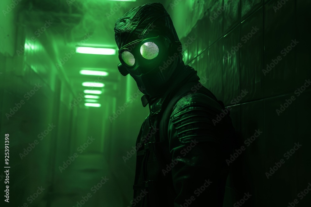 Masked Thief with Night Vision Goggles in Dark Building with Eerie Green Glow Masked Thief with Night Vision Goggles in Dark Building with Eerie Green Glow