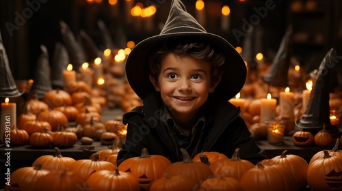 Little cute happy boy in wizard costume with candles in front, fun and amusement expression on face pumpkins and halloween.