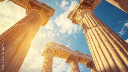 ancient greekstyle columns bathed in warm sunlight against blue sky photo