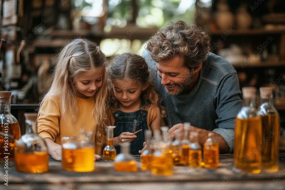A father and two daughters explore potion-making in a rustic workshop during daylight A father and two daughters explore potion-making in a rustic workshop during daylight