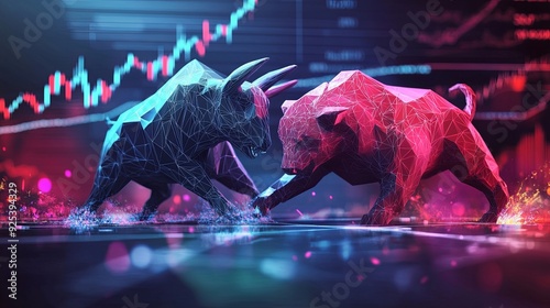 A creative portrayal of a bull and bear in a low polygonal form, entangled in a battle, set against an animated backdrop of stock market charts, representing economic trends, photo