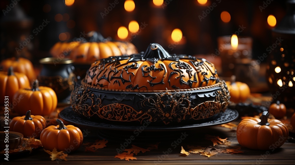 Pie plate with bat, pumpkin, spider figure on christmas table pumpkins and halloween. Pie plate with bat, pumpkin, spider figure on christmas table pumpkins and halloween.