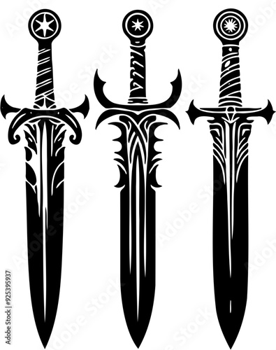 Silhouette of Swords on White Background, Ideal for Historical Themes, Fantasy Novels, Martial Arts, Weaponry Displays, Medieval Warfare, Battle Illustrations, Graphic Design Projects, Warrior Concept