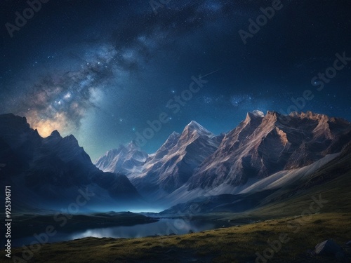 sky filled with stars creates a stunning and tranquil scene, emphasizing the natural beauty and vastness of the landscape in a peaceful and majestic visual.