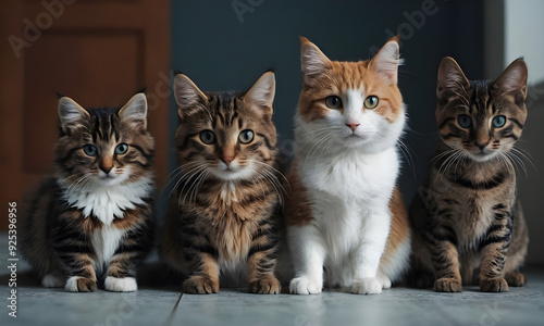 Four fluffy kittens sitting in line on gray floor