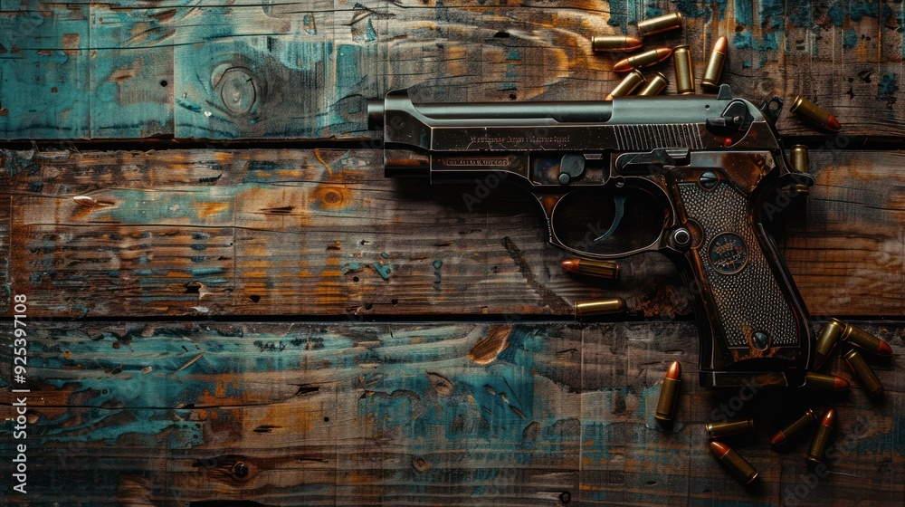 Gun with ammunition on wooden background. Gun with ammunition on wooden background.