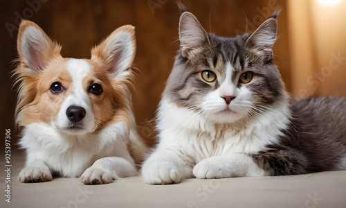 Dog and cat lying together on the floor