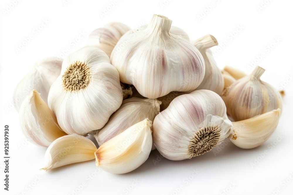 Whole Garlic Bulbs With Cloves on a White Background in Bright Daylight , ai Whole Garlic Bulbs With Cloves on a White Background in Bright Daylight , ai