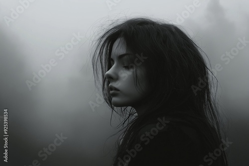 Black and white portrait of a beautiful woman. Aesthetics of mechancholy. Monochrome. Sad mood. Depression, boredom, loneliness