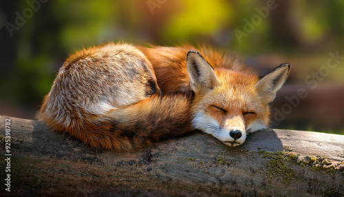 Red Fox Curled up sleeping on a log. Photo Realistic animal portrait in the forest; high quality wildlife image.