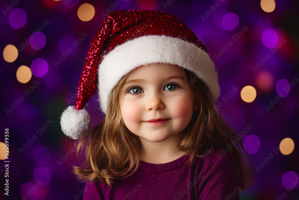 A young child with gentle eyes wears a Santa hat, looking directly at the camera with a soft smile. The simple, neutral background makes the festive red hat the focal point.