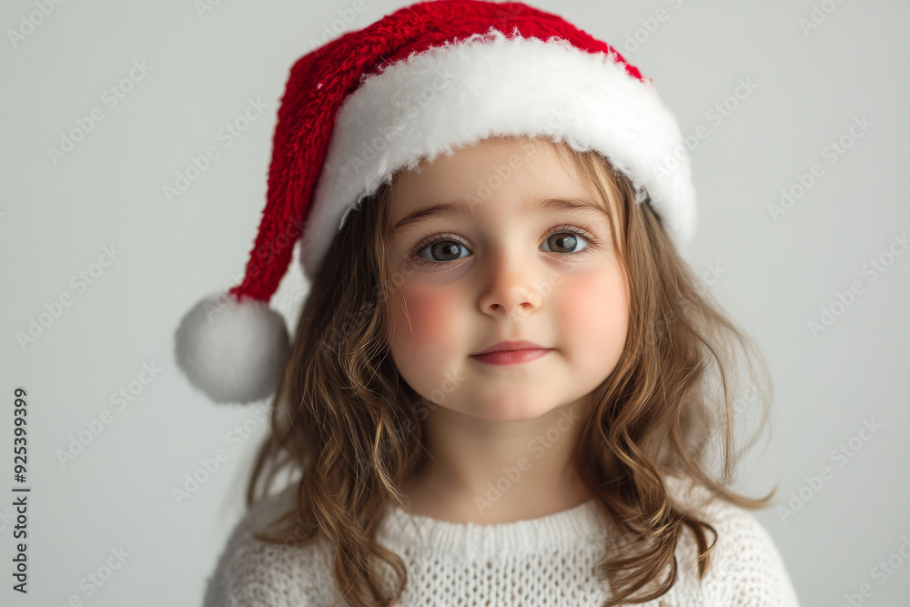 A young child with gentle eyes wears a Santa hat, looking directly at the camera with a soft smile. The simple, neutral background makes the festive red hat the focal point.