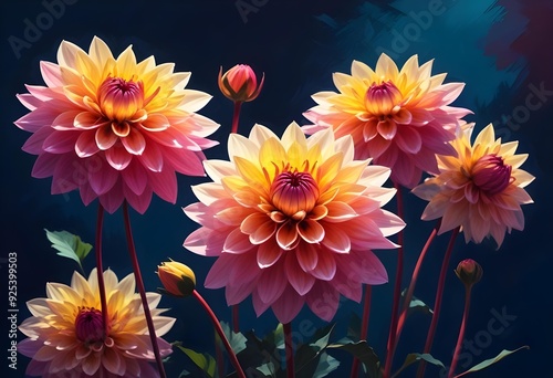 Colorful dahlia flowers blooming against a dark blue background photo