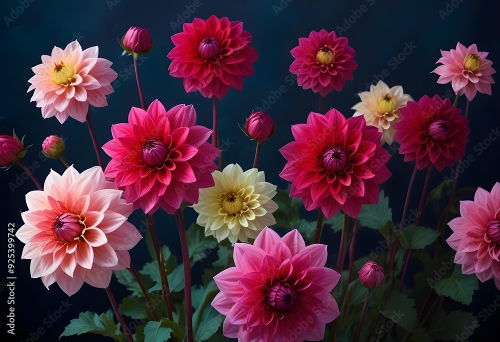 Colorful dahlia flowers blooming against a dark blue background Colorful dahlia flowers blooming against a dark blue background
