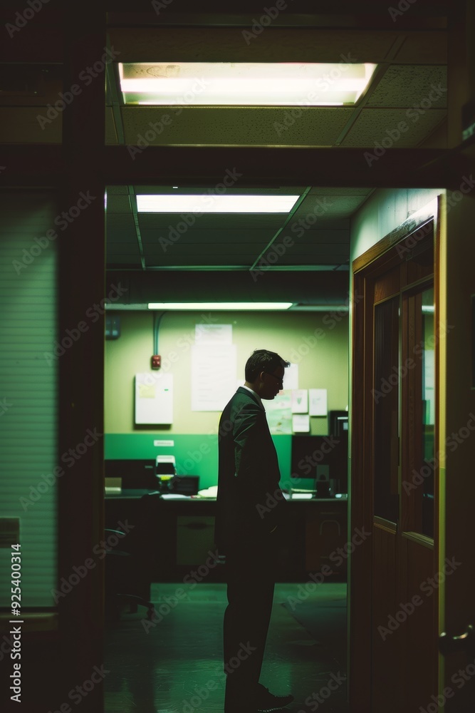 Stressed Employee in Dimly Lit Office Reflecting Isolation and Pressure in Toxic Work Environment Stressed Employee in Dimly Lit Office Reflecting Isolation and Pressure in Toxic Work Environment