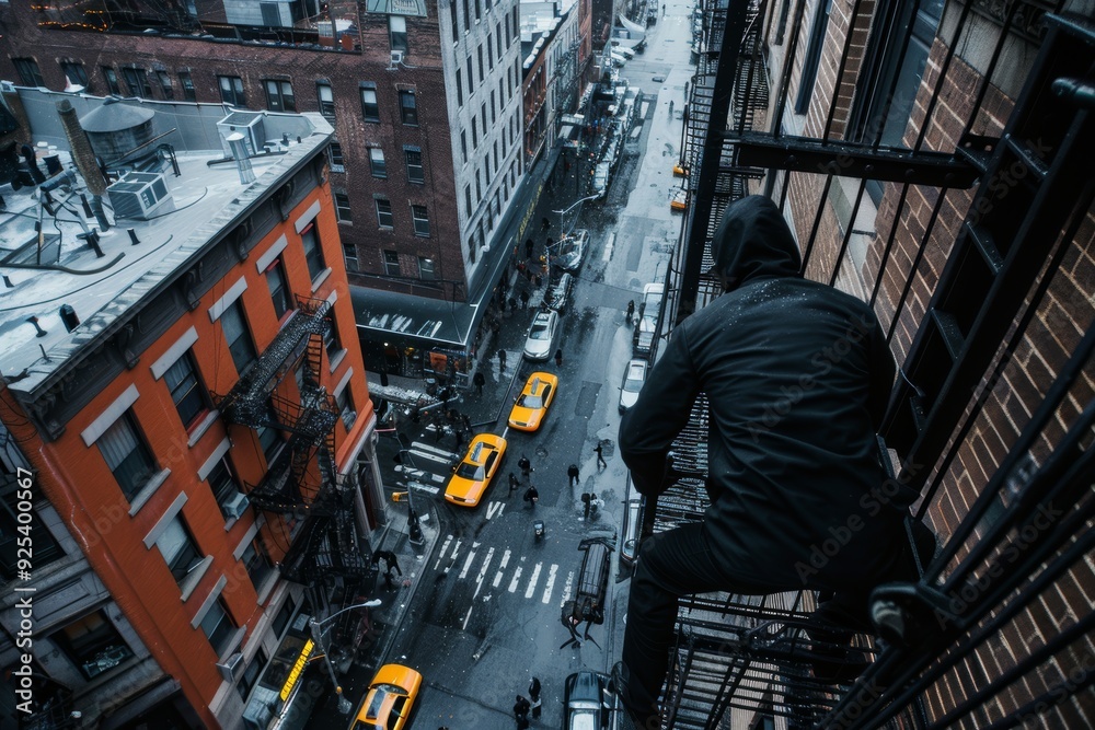 Urban Thief Climbing Fire Escape in Bustling City, Watching Crowded Streets Below Urban Thief Climbing Fire Escape in Bustling City, Watching Crowded Streets Below