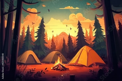 Wallpaper Mural Three tents around campfire in forest with sunset sky. Torontodigital.ca