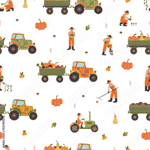 Tractors and Farmers Seamless Pattern. Thanksgiving decor elements on white background. Autumn Farm Wallpaper. Harvest season. Agricultural Labor.