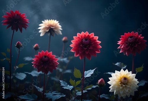 Colorful dahlia flowers blooming against a dark blue background photo