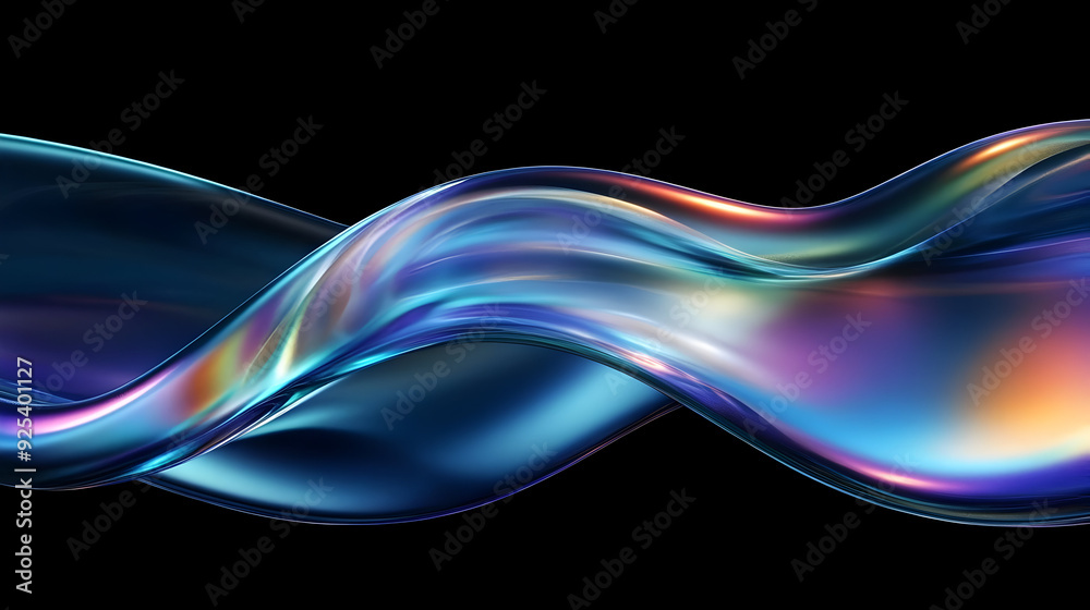 A vibrant, flowing abstract design with smooth curves and colorful reflections.
