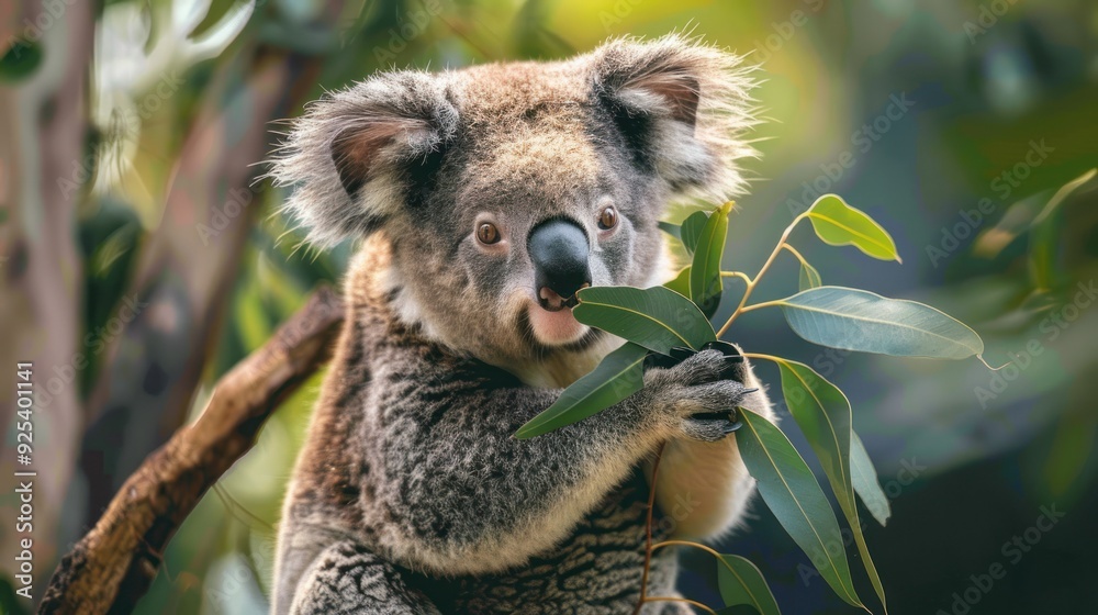 Obraz premium Adorable Koala Eating Eucalyptus Leaves
